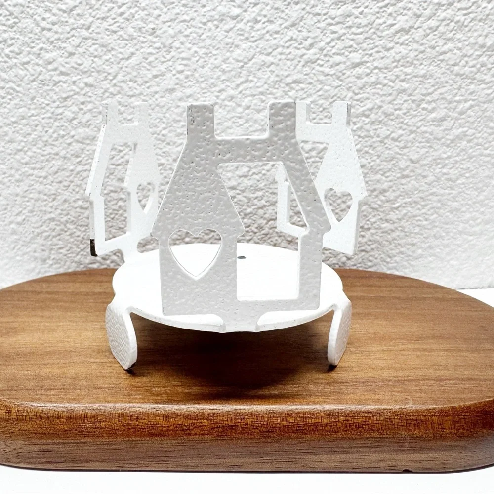Cast Metal Cutout House Hammered Enamel Candle Holders